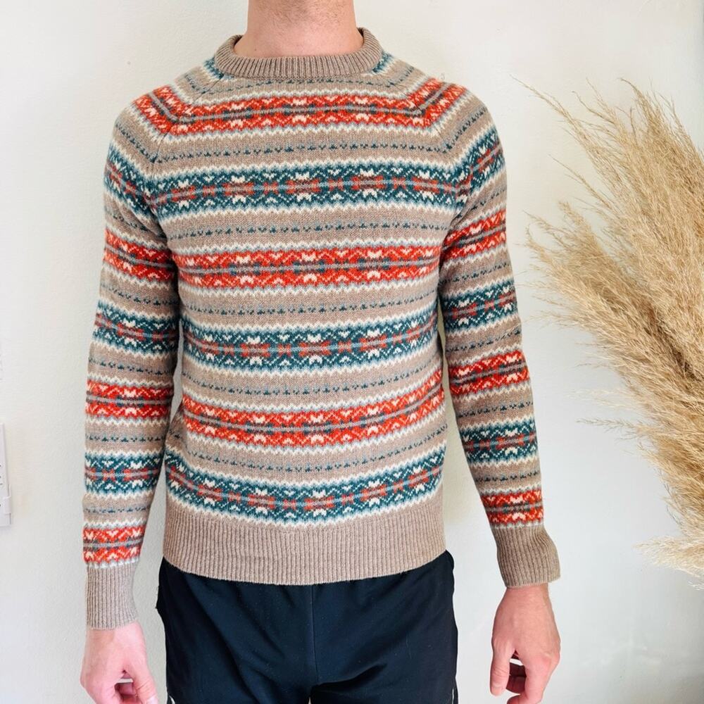 MENS J CREW Beige Tan Blue Fair Isle Wool Stripe Crew $228 Pullover Sweater S